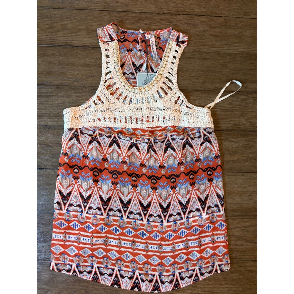 Andree Blue Womens Small Tribal Print Crochet Pearl Rhinestone Split Back Tank